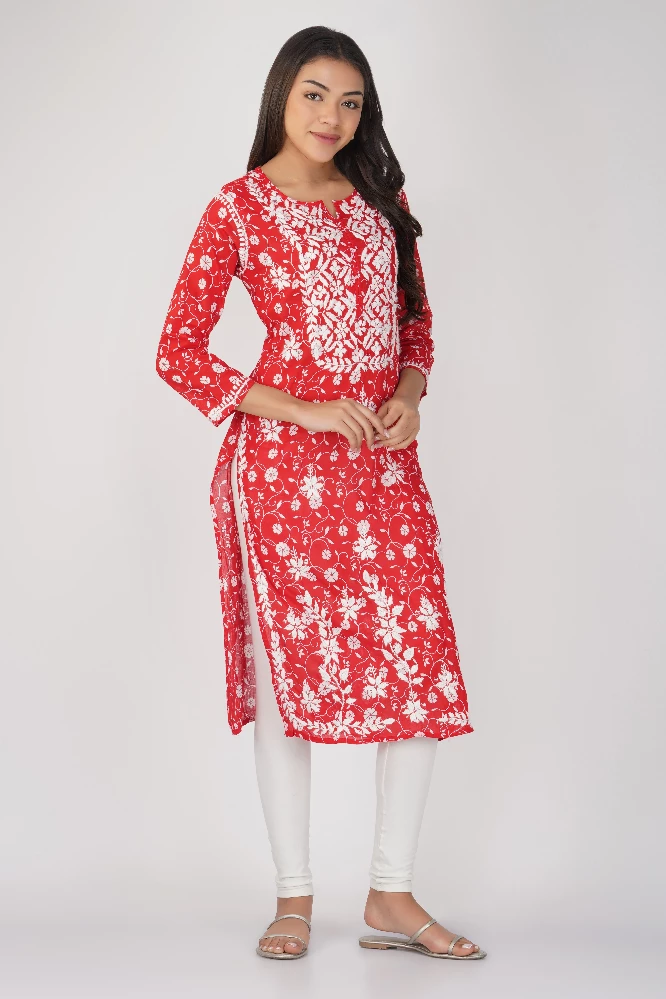 Red Malmal Cotton Chikankari Kurti-3.webp